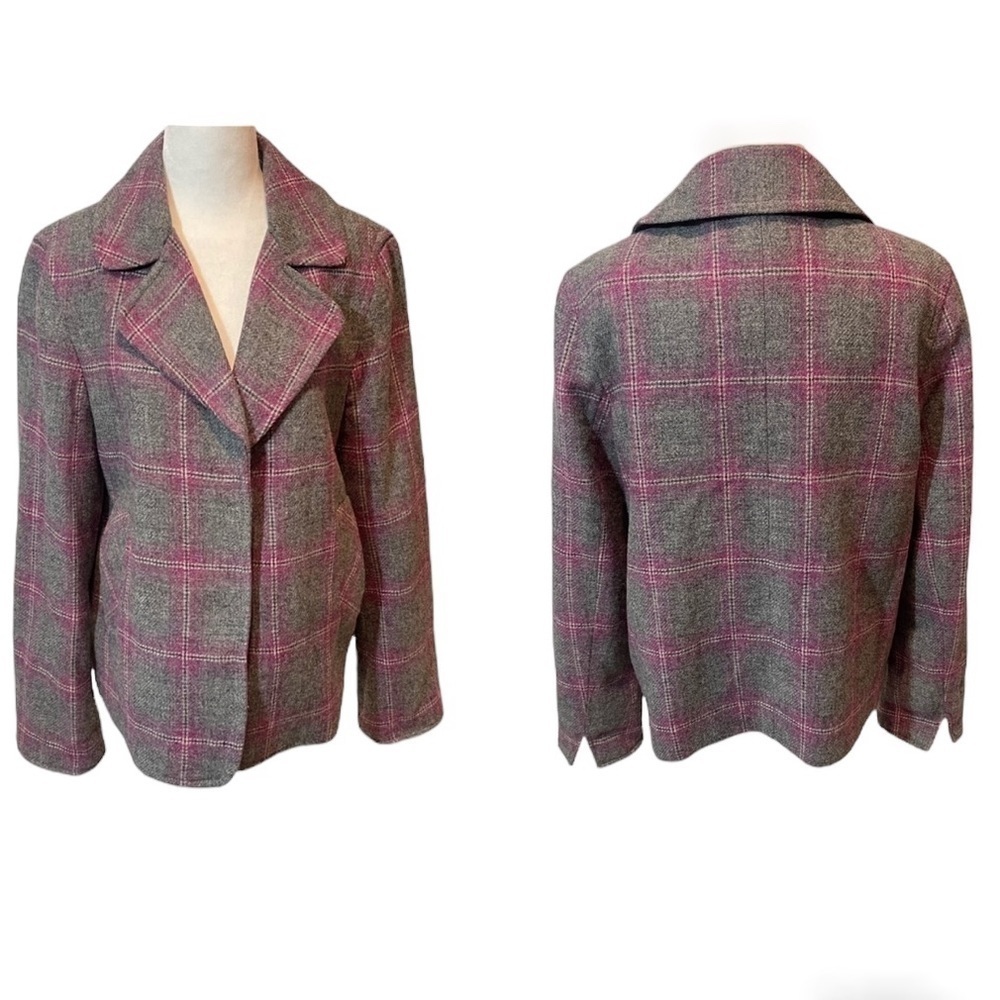 TALBOTS plaid Wool Jacket blazer collar button closure grey  pink size 10 med